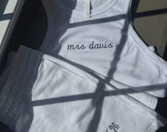 Embroidered Bridal Tank Top and Shorts Set, Bachelorette Party