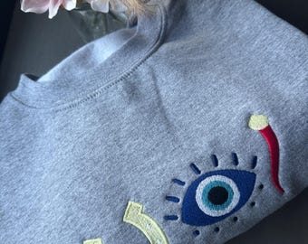 Lucky Embroidered Evil Eye Italian Horn & Horse Shoe Sweatshirt – Protection Charm Lucky Symbol