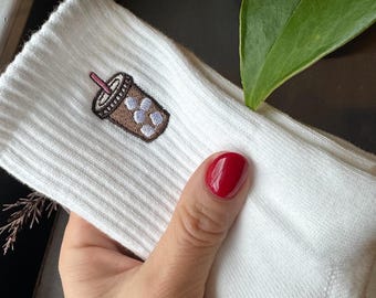 GRIP SOCKS - Iced Coffee embroidered for Pilates, Yoga, Barre, Lagree - Comfortable and stylish grip socks