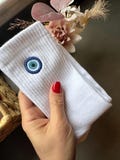 Evil Eye Crew Socks – Embroidered Evil Eye Socks, Greek Good Luck Socks, Protection Symbol, White Elephant Gift
