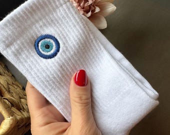 Evil Eye Crew Socks – Embroidered Evil Eye Socks, Greek Good Luck Socks, Protection Symbol, White Elephant Gift