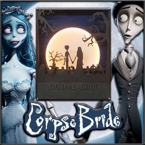 May include: A black and white image of a couple from the movie Corpse Bride. The couple is standing in front of a large moon with a tree behind them. The text "Corpse Bride" is written below the image.