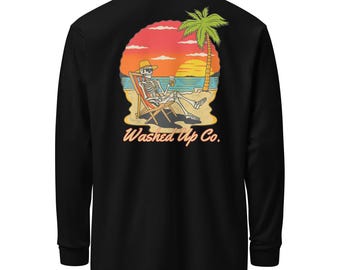 Washed Sunset Long Sleeve Tee – Comfort Colors Skeleton T-Shirt, Coastal Sunset Shirt, Laid-Back Beachwear by Washed Up Co