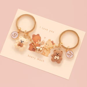 Personalised Bear Couple Keychain: Initial Matching Keyring, Magnet Heart Valentines Day Gift for Couple