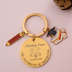 Könnte beinhalten: Goldener Abschluss-Schlüsselanhänger mit einem runden Anhänger, auf dem "Matthew Evans The University of Manchester Class of 2024" steht. Der Anhänger hat auch ein Abschluss-Hut- und Diplom-Symbol. Der Schlüsselanhänger hat einen roten Bleistift-Anhänger und einen Abschluss-Hut-Anhänger.