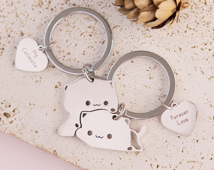 Personalised Cat Couples Keychain: Engraved Matching Key Rings, Customized Valentines Gifts