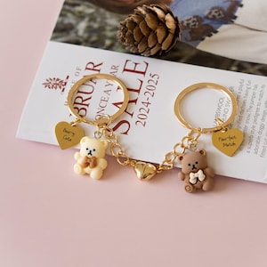 Personalised Bear Couple Keychain: Engraved Matching Keyring, Magnet Heart