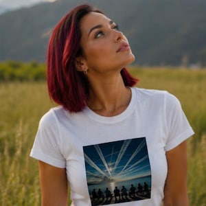 Peut inclure: Un t-shirt blanc à manches courtes avec une impression graphique rectangulaire sur la poitrine. L'image représente un coucher de soleil sur l'eau avec sept silhouettes assises sur un ponton, sous un ciel rempli de traînées d'avions croisées.