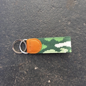 May include: A green and white camouflage pattern keychain with a tan leather accent and silver key rings. The keychain is rectangular and appears to be made of fabric. The background is a dark, textured surface.