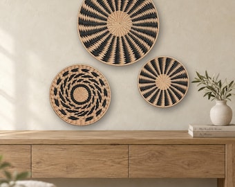 Woven Wall Basket Set of 3, Handmade Cattail Boho Wall Art, Black and Natural Round Wall Decor for Living Room, Housewarming Gift