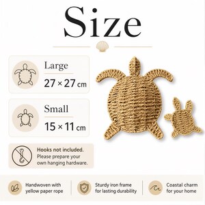 The image is a size chart for a woven turtle-shaped object, with illustrations of the object in different sizes and descriptions of its features.