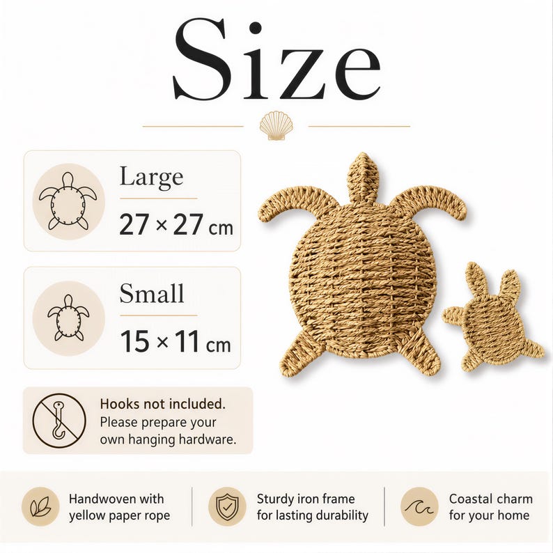 The image is a size chart for a woven turtle-shaped object, with illustrations of the object in different sizes and descriptions of its features.