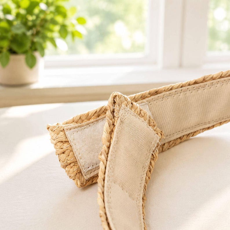 Close-up of the hook-and-loop velcro closure on the woven raffia straw visor headband