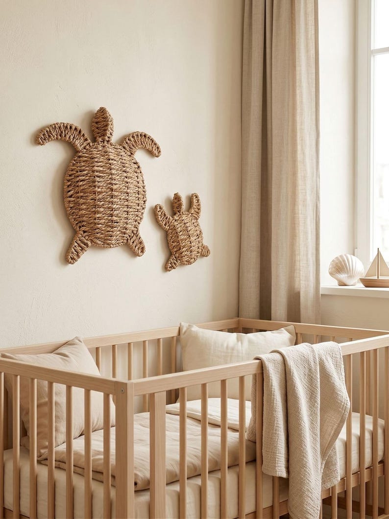 a cozy nursery with a wooden crib and two woven turtle wall decorations. The crib has a blanket draped over it, creating a warm and inviting atmosphere.