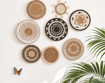 Woven Wall Basket Set of 8, Handmade Cattail Boho Wall Hanging with Tassel and Fringe Edge, Round Geometric Swirl Wall Decor, New Home Gift