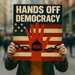 Cartello di protesta "Mani lontane dalla nostra democrazia", file PNG digitale 20" x 20", risoluzione avanzata, download immediato, anti Trump e Musk.