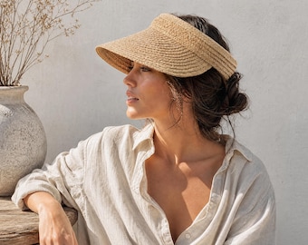 Adjustable Raffia Straw Sun Visor with Velcro Closure, Wide Brim Open Top Sun Hat for Beach Gardening Travel, Handwoven Packable Visor