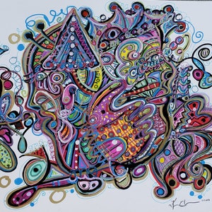 May include: Abstract painting with a colorful, swirling design. The artwork features a variety of shapes and lines in shades of pink, blue, green, yellow, and black. The painting is signed in the bottom right corner.