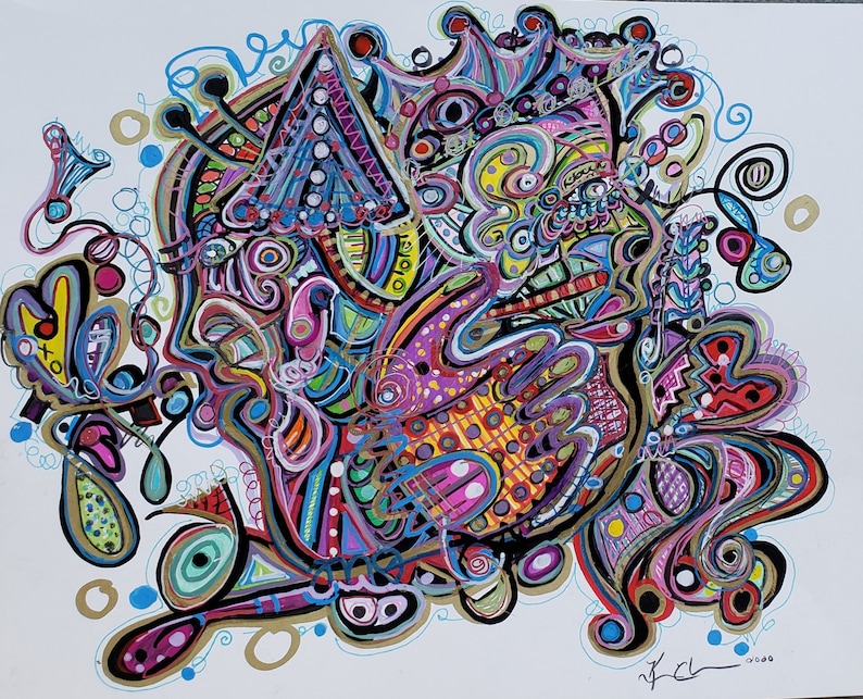 May include: Abstract painting with a colorful, swirling design. The artwork features a variety of shapes and lines in shades of pink, blue, green, yellow, and black. The painting is signed in the bottom right corner.