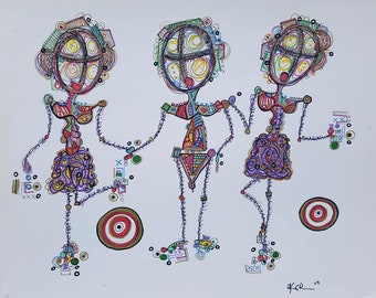 Dating - Stick People Modern Abstract Art - Drawing by Kim Dean 19 x 24