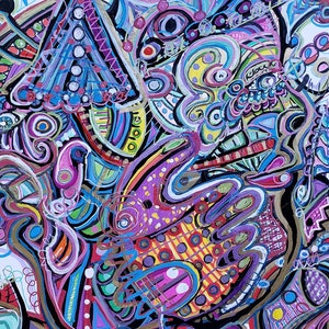 May include: Abstract painting with a colorful, swirling design. The painting features a variety of shapes and patterns, including circles, squares, and lines. The colors are bright and vibrant, and the overall effect is one of energy and movement.