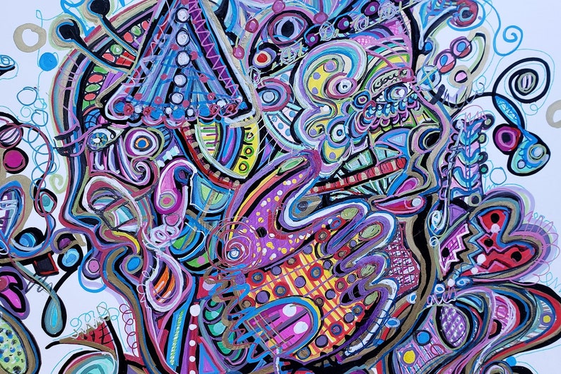 May include: Abstract painting with a colorful, swirling design. The painting features a variety of shapes and patterns, including circles, squares, and lines. The colors are bright and vibrant, and the overall effect is one of energy and movement.