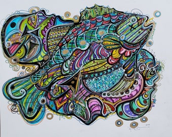 With The Fishes - Modern Abstract Drawing - Art By Kim Dean 14 x 17 - 2020 Collection