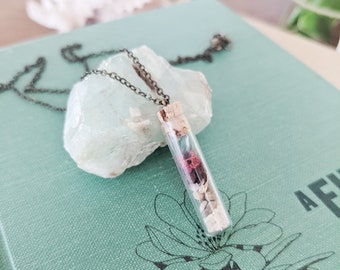 Terrarium Necklace with Lichen and Blue Glass - Glass Vial