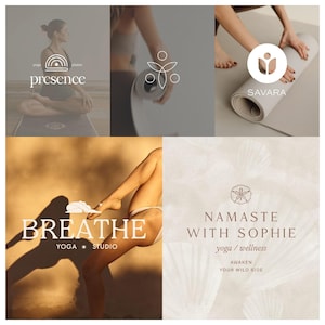 Puede incluir: Un collage de branding de yoga y bienestar con logotipos para Presence, Savara, Breathe Yoga Studio y Namaste With Sophie. Las imágenes muestran esterillas de yoga, practicantes en posturas y superposiciones de texto con iconos geométricos.