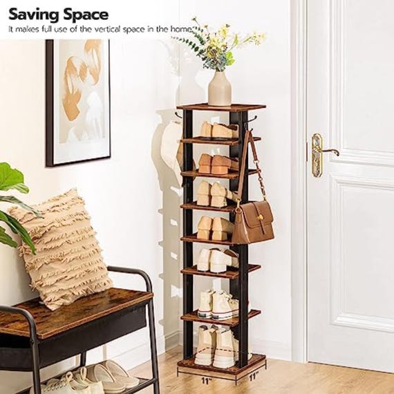 Buy Vertical Shoe Rack 8 Tier Wooden Shoe Storage Organizer With Hooks Narrow Shoe Tower for 8 Pairs Space Saving for Entryway Living Room Online in India Etsy