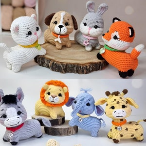 動物バンドルかぎ針編みパターン、バンドル 8 in 1 愛らしいベビーコレクション、ロバ、キリン、ゾウ、ライオン、キツネ、ウサギ、犬、猫