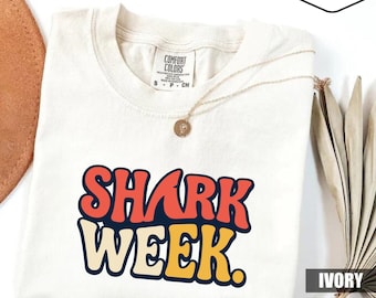 Shark Week T-Shirt, Retro Ocean Graphic Tee, Vintage Style Marine Life Apparel, Colorful Typography Summer Vacation Coastal Clothing