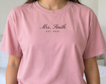Mrs Shirt with Last Name and Est Year, Comfort Colors Personalized Newlywed Tee, Bride Gift, Honeymoon Shirt, Just Married T-Shirt