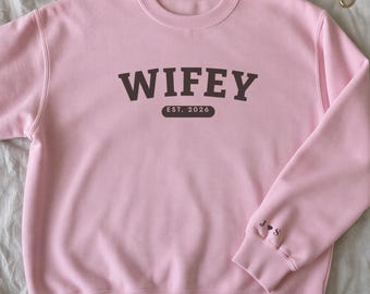 Wifey Sweatshirt with Est Year, Custom Wifey Crewneck with Initials on Sleeve, Newlywed Gift for Bride, Honeymoon Sweatshirt