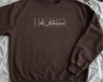 Custom Hubby Sweatshirt with Last Name and Date on Sleeve, Personalized Mr Gift for Husband or Groom, Wifey and Hubby Matching Set