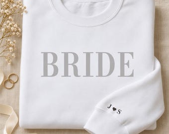 Bride Sweatshirt with Initials on Sleeve, Personalized Bride to Be Gift, Tone on Tone Bridal Crewneck, Bachelorette and Shower Gift