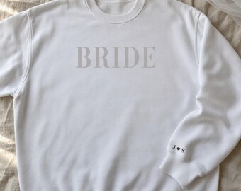 Bride Sweatshirt with Initials on Sleeve, Personalized Bride to Be Gift, Tone on Tone Bridal Crewneck, Bachelorette and Shower Gift