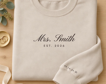 Mrs Sweatshirt with Last Name and Est Year, Personalized Newlywed Gift for Bride, Custom Wedding Date Sleeve, Honeymoon Crewneck