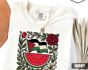 Palestine Watermelon Graphic Tee, Palestinian Flag Solidarity Shirt, Gaza Freedom Support Gift, Floral Resistance Art Top