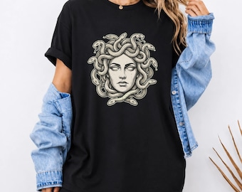 Medusa Graphic T-Shirt, Greek Mythology Gorgon Tee, Dark Academia Snake Hair Apparel, Mythical Creature Gift for Her