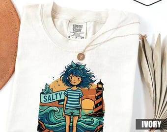 Salty Girl Lighthouse T-Shirt, Coastal Aesthetic Graphic Tee, Beach Vacation Gift, Salty Soul Ocean Lover Shirt