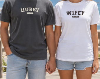 Wifey Shirt with Est Year, Comfort Colors Wifey T-Shirt, Newlywed Gift for Bride, Honeymoon Tee, Wifey and Hubby Matching Shirts