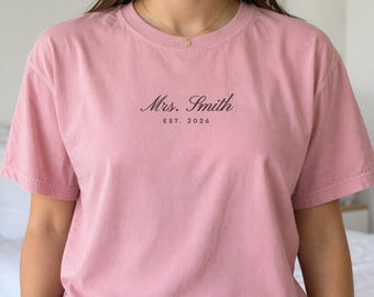 Mrs Shirt with Last Name and Est Year, Comfort Colors Personalized Newlywed Tee, Bride Gift, Honeymoon Shirt, Just Married T-Shirt