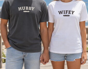 Wifey Shirt with Est Year, Comfort Colors Wifey T-Shirt, Newlywed Gift for Bride, Honeymoon Tee, Wifey and Hubby Matching Shirts