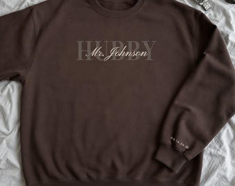 Custom Hubby Sweatshirt with Last Name and Date on Sleeve, Personalized Mr Gift for Husband or Groom, Wifey and Hubby Matching Set