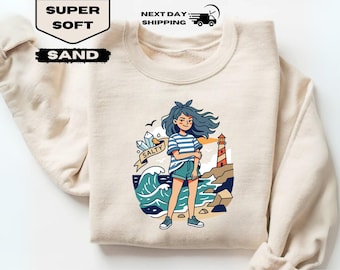 Salty Beach Girl Graphic T-Shirt, Coastal Lighthouse Ocean Wave Summer Tee, Beachy Aesthetic Gift for Her