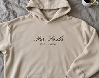 Mrs Hoodie with Last Name and Est Year, Personalized Newlywed Gift for Bride, Wedding Date on Sleeve, Honeymoon Hooded Sweatshirt