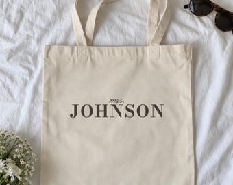 Mrs Tote Bag with Last Name, Custom Mrs Canvas Tote, Personalized Newlywed Gift for Bride, Honeymoon Bag, Bridal Shower Gift