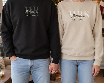 Mr and Mrs Sweatshirts with Last Name and Est Year, Personalized Matching Couple Crewneck, Newlywed Gift, Honeymoon and Christmas Gift