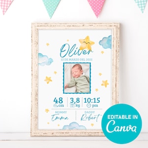 Watercolor Star Birth Digital Print, Gift for a Baby Boy, Newborn Birth Details, Birth Stats, Watercolor Boy Birth Chart (17 x 23") on Canva